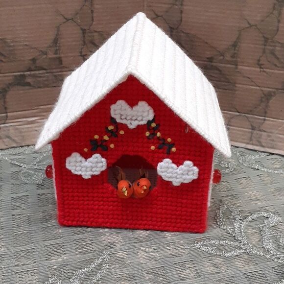 Vintage 2-pcHandmade Needlepoint plastic Canvas barn and 3D birdhouse collection - Picture 6 of 13